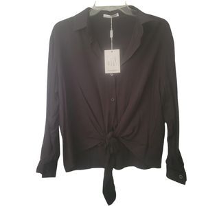 New DM Woman's Black Top Long Sleeve Tie In Front Button Down Size M